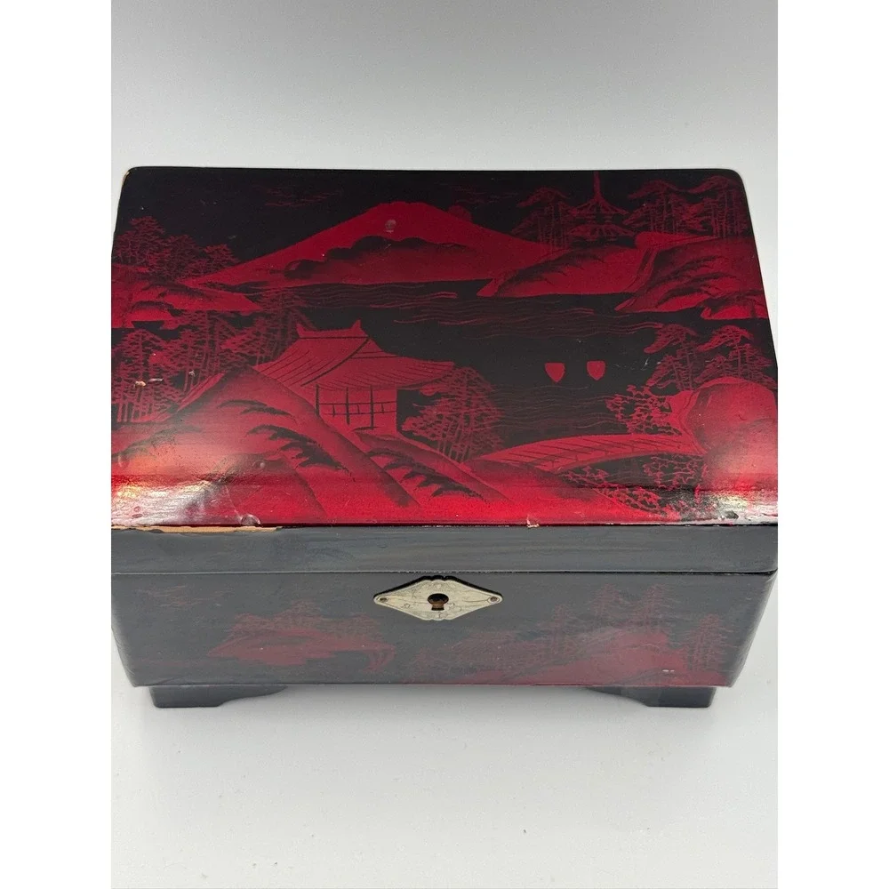 Vintage Japanese Black Red Lacquer Jewelry‎ & Music Box Mount Fuji Pagoda Footed